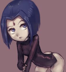 Rule 34 | 1girl, ass, bent over, black leotard, breasts, cartoon network, closed mouth, conoghi, dc comics, forehead jewel, jewelry, leotard, long sleeves, looking at viewer, purple eyes, purple hair, raven (dc), short hair, simple background, small breasts, solo, standing, teen titans