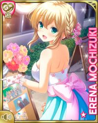 Rule 34 | 1girl, :d, bare back, blonde hair, blue dress, blush, bow, braid, breasts, card (medium), coat, dress, female focus, flower, girlfriend (kari), gloves, green eyes, hair flower, hair ornament, large breasts, long hair, mochizuki erena, night, official art, open mouth, outdoors, pink bow, pink coat, pink ribbon, qp:flapper, ribbon, smile, solo, standing, tagme, white gloves