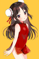 Rule 34 | 1girl, bare shoulders, blush, breasts, brown eyes, brown hair, bun cover, china dress, chinese clothes, covered navel, cowboy shot, dot nose, double bun, dress, from side, hair bun, hair ribbon, highres, idolmaster, idolmaster cinderella girls, idolmaster cinderella girls starlight stage, idolmaster cinderella girls u149, long hair, looking at viewer, open mouth, print dress, red dress, red ribbon, ribbon, shima(kanidess), side slit, simple background, sleeveless, sleeveless dress, small breasts, solo, tachibana arisu, yellow background