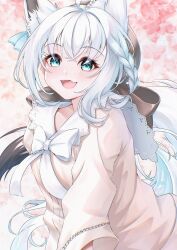 Rule 34 | 1girl, absurdres, ahoge, animal ears, aqua eyes, blush, bow, braid, cherry blossoms, commentary request, eyelashes, fang, flower, fox ears, fox girl, fox tail, hachi kyu shiki, happy, highres, hololive, long eyelashes, long hair, looking at viewer, open mouth, pale color, pink flower, ribbon, shirakami fubuki, skin fang, smile, solo, tail, upper body, very long hair, virtual youtuber, white bow, white ribbon