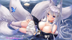 Rule 34 | 1girl, absurdly long hair, absurdres, animal ear fluff, animal ears, azur lane, bare shoulders, blue butterfly, blue collar, blue kimono, breasts, bug, butterfly, cleavage, collar, fox ears, fox girl, highres, insect, japanese clothes, kimono, kitsune, kyuubi, large breasts, large tail, legs, long hair, lying, makihige, miniskirt, multiple tails, off shoulder, on side, pleated skirt, purple eyes, shinano (azur lane), skirt, skirt under kimono, solo, tail, thighhighs, very long hair, water, white hair, white skirt, white tail, white thighhighs, wide sleeves, zettai ryouiki