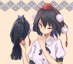 Rule 34 | ;), animal, bird, bird on hand, black hair, black ribbon, closed mouth, collared shirt, crow, hat, looking at viewer, neck ribbon, one eye closed, pom pom (clothes), puffy short sleeves, puffy sleeves, red eyes, red hat, ribbon, roke (taikodon), shameimaru aya, shirt, short sleeves, smile, solo, talon, tassel, tokin hat, touhou, upper body, white shirt, yellow background