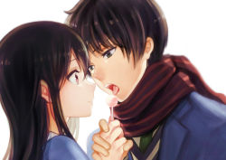 Rule 34 | 10s, 1boy, 1girl, black hair, blazer, blurry, brother and sister, candy, green eyes, holding hands, hetero, highres, kyoukai no kanata, licking, lollipop, long hair, nase hiroomi, nase mitsuki, necktie, open mouth, pink eyes, scarf, school uniform, short hair, siblings, tongue, tongue out, white background, yue (pixiv4635680)