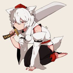 Rule 34 | 1girl, :/, animal ear fluff, animal ears, bare shoulders, barefoot, black skirt, breasts, detached sleeves, grey background, hat, highres, hip vent, holding, holding sword, holding weapon, inubashiri momiji, kneeling, looking at viewer, medium breasts, pom pom (clothes), red eyes, short hair, simple background, skirt, solo, soya6479, sword, tokin hat, touhou, v-shaped eyebrows, weapon, white hair, wolf ears