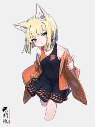 Rule 34 | 1girl, :t, animal ear fluff, animal ears, bare shoulders, black dress, blonde hair, blue eyes, blush, closed mouth, collarbone, commentary request, cropped legs, dress, fox ears, grey background, highres, kuro-chan (kuro kosyou), kuro kosyou, long sleeves, looking at viewer, off shoulder, open clothes, original, pointing, pointing at viewer, pout, short eyebrows, simple background, sleeveless, sleeveless dress, solo, thick eyebrows, wide sleeves