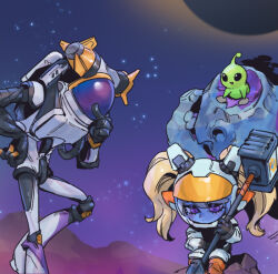 Rule 34 | 1girl, alien, astronaut, astronaut poppy, black gloves, blonde hair, character request, colored skin, gloves, green skin, hammer, hand up, helmet, holding, holding hammer, holding weapon, league of legends, long hair, outdoors, phantom ix row, pink eyes, poppy (league of legends), space, space helmet, spacesuit, star (symbol), starry background, twintails, weapon, yordle