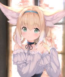 Rule 34 | 1girl, animal ear fluff, animal ears, arknights, bare shoulders, black collar, blonde hair, blouse, blue hairband, blush, braid, braided hair rings, closed mouth, collar, collarbone, commentary, emimeku, fox ears, green eyes, hair between eyes, hair rings, hairband, hands up, highres, infection monitor (arknights), long sleeves, multicolored hair, off-shoulder shirt, off shoulder, puffy long sleeves, puffy sleeves, shirt, smile, suzuran (arknights), two-tone hair, upper body, white hair, white shirt, window