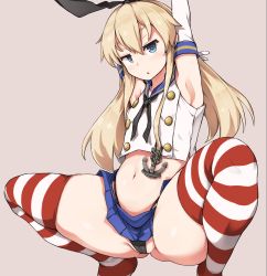 Rule 34 | 1girl, aki (sangetusei), anchor, black hairband, black panties, blonde hair, cameltoe, cleft of venus, crop top, elbow gloves, feet out of frame, gloves, hairband, highres, kantai collection, long hair, miniskirt, panties, shimakaze (kancolle), skindentation, skirt, solo, spread legs, squatting, striped clothes, striped thighhighs, thighhighs, thighs, thong, underwear, white gloves