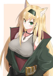 Rule 34 | 1girl, absurdres, animal ears, arknights, black hairband, blonde hair, commentary request, green eyes, green jacket, grey tank top, hair ornament, hairband, hairclip, highres, horn (arknights), jacket, long hair, looking at viewer, maiq06, pouch, simple background, smile, solo, tank top, upper body, wolf ears
