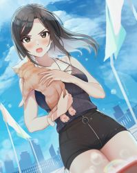 Rule 34 | 1girl, absurdres, animal, animal hands, bare arms, bare shoulders, black shorts, blue sky, blush, breasts, brown eyes, brown hair, camisole, cat, cityscape, collarbone, commentary, cow, day, dutch angle, heart, highres, holding, holding animal, holding cat, idolmaster, idolmaster cinderella girls, long hair, medium breasts, mukai takumi, open mouth, outdoors, rooftop, shangzi, short shorts, shorts, sky, sleeveless, sparkle, symbol-only commentary, twitter username, v-shaped eyebrows, wind, zipper, zipper pull tab