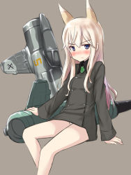 Rule 34 | 1girl, a9b (louis814), animal ears, bare legs, blonde hair, blue eyes, blush, brown background, fox ears, fox tail, heart, highres, long hair, long sleeves, military, military uniform, ottilie kittel, panties, simple background, solo, strike witches, striker unit, tail, underwear, uniform, white panties, world witches series
