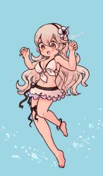 Rule 34 | 1girl, anklet, barefoot, bikini, bikini skirt, blue background, blush, breasts, brown eyes, bubble, cleavage, corrin (female) (fire emblem), corrin (fire emblem), feet, fire emblem, fire emblem fates, fire emblem if, flower, grey hair, hair flower, hair ornament, hairband, highres, intelligent systems, jewelry, large breasts, long hair, looking down, navel, nintendo, open mouth, pink bikini, red eyes, slit pupils, smile, swimming, swimsuit, thigh strap, toes, underwater