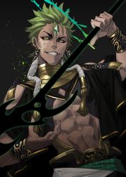 Rule 34 | 1boy, 1girl, abs, bad id, bad twitter id, black background, commentary request, dark-skinned female, dark-skinned male, dark skin, earrings, facial mark, fingernails, forehead mark, gold trim, green hair, hand up, highres, holding, holding weapon, jewelry, looking at viewer, male focus, navel, original, samei ikusa, sharp fingernails, sharp teeth, smile, solo, standing, teeth, upper body, weapon, yellow eyes