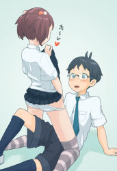 Rule 34 | 1boy, 1girl, assertive female, black hair, blush, brown hair, clothes lift, flashing, girl on top, glasses, hair bobbles, hair ornament, heart, kneeling, looking at pussy, lying, miniskirt, on back, open mouth, original, panties, panty pull, pleated skirt, school uniform, short hair, short twintails, simple background, skirt, skirt lift, sousuke (sauceke), straddling, striped clothes, striped thighhighs, thighhighs, twintails, underwear, white panties