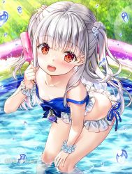 Rule 34 | 1girl, :d, bare shoulders, blue camisole, blush, breasts, camisole, collarbone, commentary request, day, downblouse, food, frills, fujima takuya, grey hair, hair ornament, hair scrunchie, hand up, holding, holding food, isekai ni tobasaretara papa ni nattandaga, leaning forward, long hair, looking at viewer, open mouth, orurea (isepapa), outdoors, popsicle, red eyes, scrunchie, small breasts, smile, solo, standing, strap slip, teeth, two side up, upper teeth only, very long hair, wading pool, water, water drop, white scrunchie