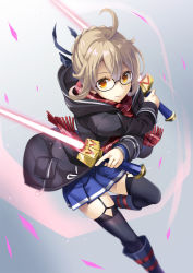 Rule 34 | 1girl, ahoge, artoria pendragon (all), artoria pendragon (fate), black thighhighs, blonde hair, blue ribbon, blue skirt, blurry, boots, braid, brown eyes, closed mouth, coat, depth of field, dual wielding, duffel coat, fate/grand order, fate (series), french braid, fringe trim, garter straps, hair between eyes, hair ribbon, highres, holding, knee boots, leg up, looking at viewer, mysterious heroine x alter (fate), mysterious heroine x alter (first ascension) (fate), plaid, plaid scarf, pleated skirt, red scarf, ribbon, saber (fate), scarf, short hair with long locks, skirt, solo, thighhighs, wapokichi