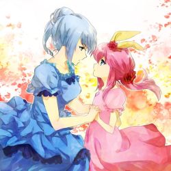 Rule 34 | 2girls, bad id, bad pixiv id, blue dress, blue eyes, blue hair, bow, breasts, commentary request, dress, flat chest, flower, frilled dress, frills, hair bow, hair flower, hair ornament, hairband, henriette mystere, holding hands, itsukini, long hair, medium breasts, multiple girls, petals, pink dress, pink hair, ponytail, puffy short sleeves, puffy sleeves, purple eyes, rose, sherlock shellingford, short sleeves, tantei opera milky holmes, yuri