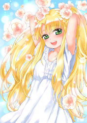Rule 34 | 1girl, arms up, astarotte ygvar, bad id, bad pixiv id, blonde hair, blush, child, dress, flat chest, flower, green eyes, long hair, looking at viewer, lotte no omocha!, mutou mato, open mouth, solo, very long hair