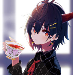 Rule 34 | 1girl, black hair, black shirt, blurry, blurry background, blush, brown hair, collared shirt, commentary, cup, depth of field, earrings, english commentary, fingernails, hair ornament, hairclip, highres, holding, holding cup, horns, jewelry, kavka, long sleeves, looking at viewer, looking to the side, multicolored hair, nail polish, neck ribbon, original, pentagram, red eyes, red ribbon, ribbon, shirt, solo, star (symbol), star earrings, tea, teacup, two-tone hair, upper body, yellow nails