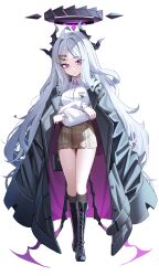 Rule 34 | 1girl, absurdres, black coat, black footwear, blue archive, blush, boots, brown skirt, coat, coat on shoulders, collared shirt, full body, hair ornament, halo, highres, hina (blue archive), jeze, knee boots, kneehighs, long hair, long sleeves, looking at viewer, parted lips, plaid, plaid skirt, shirt, simple background, skirt, socks, solo, standing, thighs, white hair, white shirt