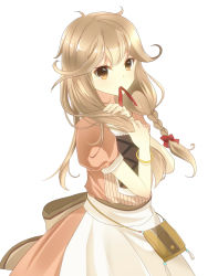 Rule 34 | 1girl, apron, blonde hair, bow, bracelet, braid, brown eyes, faye (fire emblem), fire emblem, fire emblem echoes: shadows of valentia, jewelry, long hair, low-braided long hair, low-tied long hair, nintendo, rojiura-cat, simple background, solo, upper body, white background