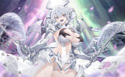 Rule 34 | 1girl, armor, blush, breasts, cleavage, dual wielding, duel monster, gauntlets, grey eyes, grey hair, highres, holding, horns, huge breasts, lady labrynth of the silver castle, looking at viewer, lovely labrynth of the silver castle, open mouth, pauldrons, shoulder armor, solo, sword, twintails, weapon, xiujia yihuizi, yu-gi-oh!