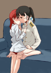 Rule 34 | 2girls, arm between breasts, barefoot, between breasts, breasts, chikiso, couch, grabbing another&#039;s chin, hand on another&#039;s chin, imminent kiss, minna-dietlinde wilcke, multiple girls, sakamoto mio, sitting, sitting on lap, sitting on person, strike witches, world witches series, yuri