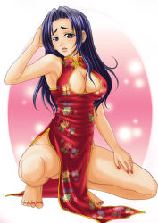 Rule 34 | 1girl, areola slip, armpits, artist request, bare shoulders, barefoot, breasts, character request, china dress, chinese clothes, cleavage, cleavage cutout, clothing cutout, copyright request, dress, female focus, large breasts, long hair, looking at viewer, nail polish, nipples, no bra, no panties, parted lips, pelvic curtain, purple eyes, purple hair, red dress, red nails, sleeveless, sleeveless dress, solo, squatting