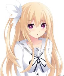 Rule 34 | 1girl, blonde hair, blush, date a live, hair between eyes, highres, keenh, long hair, looking at viewer, mayuri (date a live), purple eyes, ribbon, side ponytail, simple background, solo, white background