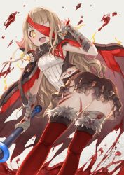 Rule 34 | 1girl, absurdres, bandages, blonde hair, blood, blood splatter, bloody bandages, blunt bangs, boots, buckle, cape, dress, eyepatch, fang, fur trim, grey background, happy, highres, holding, holding weapon, hood, long hair, looking at viewer, nomi (kurocxx110), one eye covered, open mouth, red riding hood (sinoalice), scratches, sidelocks, simple background, sinoalice, solo, thigh boots, thighhighs, torn cape, torn clothes, wavy hair, weapon