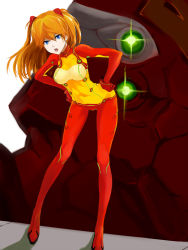 Rule 34 | 1girl, ass, bad id, bad pixiv id, blue eyes, breasts, breasts apart, butt crack, cleavage, covered erect nipples, eva 02, fengya, glowing, gluteal fold, hair between eyes, hands on own hips, highres, leaning forward, legs apart, long hair, looking at viewer, mecha, medium breasts, neon genesis evangelion, neon trim, open mouth, orange hair, plugsuit, rebuild of evangelion, robot, see-through, simple background, sketch, skin tight, solo, souryuu asuka langley, standing, test plugsuit, twintails, two side up, v-shaped eyebrows, white background