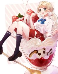 Rule 34 | 1girl, absurdres, alternate costume, blue bow, blue bowtie, blue socks, blush, bow, bowtie, brown footwear, buttons, collared shirt, food, fruit, green eyes, hair ornament, highres, holding, holding food, ice cream, indie virtual youtuber, kneehighs, light brown hair, looking at viewer, nail polish, open mouth, panda, pink nails, pinkusan, pleated skirt, pom pom (clothes), pom pom hair ornament, red skirt, school uniform, shigure ui (vtuber) (2nd costume), shigure ui (vtuber), shirt, shoes, short hair, short sleeves, sidelocks, simple background, sitting, skirt, smile, socks, solo, spoon, strawberry, striped, striped background, two-tone background, virtual youtuber, whipped cream, white shirt