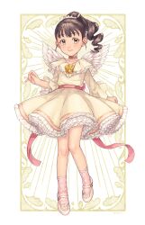 Rule 34 | 1girl, absurdres, angel wings, black eyes, black hair, child, commentary request, dress, drill hair, frilled dress, frills, fukuyama mai, full body, h vstpy, highres, idolmaster, idolmaster cinderella girls, layered dress, long hair, long sleeves, looking at viewer, pink footwear, pink socks, ponytail, smile, socks, solo, white background, white dress, wings