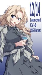 Rule 34 | 1girl, 547th sy, blonde hair, blue dress, blue eyes, breasts, buttons, character name, clothes around waist, cup, dated, dress, drinking glass, gradient background, grey jacket, highres, holding, holding cup, hornet (kancolle), jacket, jacket on shoulders, kantai collection, large breasts, long hair, long sleeves, official alternate costume, open mouth, simple background, solo, upper body, wine glass