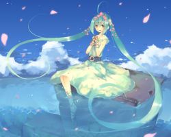 Rule 34 | 1girl, aqua eyes, aqua hair, bad id, bad pixiv id, cloud, day, dress, female focus, flower, own hands clasped, hatsune miku, long hair, merusuke, outdoors, own hands together, petals, sitting, sky, soaking feet, solo, twintails, very long hair, vocaloid, water