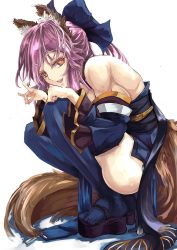 Rule 34 | 10s, 1girl, animal ears, blue thighhighs, bow, breasts, dacho, detached sleeves, fate/extra, fate (series), fox ears, fox tail, geta, hair bow, hair ribbon, pink hair, ribbon, solo, tail, tamamo no mae (fate/extra), thighhighs, twintails, yellow eyes