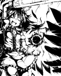 Rule 34 | 1girl, :d, arm cannon, black hair, eyeball, closed eyes, feathers, fireball, frilled skirt, frills, greyscale, hand up, monochrome, open mouth, reiuji utsuho, short sleeves, skirt, smile, solo, third eye, touhou, weapon, wings, yankopi