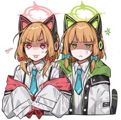Rule 34 | 2girls, anger vein, animal ear headphones, animal ears, blonde hair, blue archive, blue bow, blue necktie, bow, cat tail, collared shirt, emne, fake animal ears, fang, green eyes, green halo, hair bow, halo, headphones, jacket, looking at viewer, midori (blue archive), momoi (blue archive), multiple girls, necktie, open mouth, red bow, red eyes, red halo, shirt, short hair, siblings, simple background, sisters, tail, twins, upper body, white background, white jacket, white shirt
