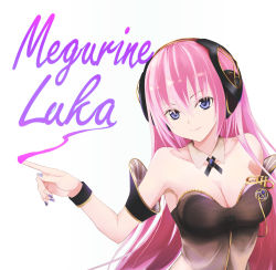 Rule 34 | 1girl, arm strap, bad id, bad pixiv id, blue eyes, blue nails, breasts, character name, choker, cleavage, collarbone, floating hair, hair between eyes, headphones, highres, index finger raised, long hair, medium breasts, megurine luka, megurine luka (vocaloid4), nail polish, pink hair, pinky iwata, sleeveless, smile, solo, strapless, upper body, very long hair, vocaloid, white background, wristband