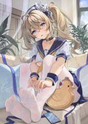 Rule 34 | 1girl, barbara (genshin impact), blonde hair, blue choker, blue eyes, blush, catsmoon, cellphone, choker, collarbone, commentary, couch, crossed bangs, english commentary, feet, full body, genshin impact, hair ornament, highres, indoors, long hair, looking at viewer, pantyhose, parted lips, phone, school uniform, serafuku, short sleeves, signature, sitting, smartphone, solo, twintails, white pantyhose, white serafuku