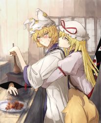 Rule 34 | 2girls, animal hat, arm strap, blonde hair, breasts, chicken (food), commentary request, cooking, cowboy shot, dress, expressionless, food, fox tail, from side, gap (touhou), hair between eyes, hat, hat ribbon, highres, holding, holding spoon, hug, hug from behind, indoors, jiienu, kitchen, light frown, long hair, long sleeves, looking at another, looking back, medium breasts, mob cap, multiple girls, multiple tails, no pupils, pot, profile, puffy long sleeves, puffy sleeves, purple eyes, red eyes, ribbon, spoon, tabard, tail, touhou, very long hair, white dress, wide sleeves, wooden spoon, yakumo ran, yakumo yukari, yellow eyes