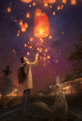 Rule 34 | 1boy, a-shacho, arm up, backpack, bad id, bad pixiv id, bag, brown hair, dark, dog, highres, hill, lantern, light smile, looking up, night, night sky, original, outdoors, paper lantern, profile, railroad tracks, scenery, shooting star, shop, short hair, sign, signature, sky, smile, star (sky)