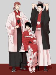 Rule 34 | 1girl, 2boys, arms behind head, arms up, black hair, black hakama, black legwear, chinese zodiac, clenched teeth, crossed arms, earrings, facial hair, floral print, full body, furisode, fuyushima shinji, grey background, grin, hair pulled back, hair slicked back, hakama, hand up, haori, haori himo, highres, japanese clothes, jewelry, kimono, long sleeves, looking at another, looking at viewer, looking away, looking down, looking to the side, maki risa, multiple boys, new year, obi, object on head, ponytail, pout, red hair, red kimono, red theme, rism02682, sandals, sash, short hair, sitting, smile, standing, stool, stubble, stuffed animal, stuffed tiger, stuffed toy, tabi, teeth, touma isami, uneven eyes, white hakama, white legwear, wide sleeves, world trigger, year of the tiger, zouri