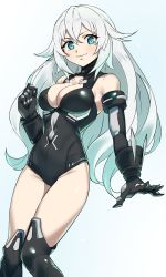 Rule 34 | 1girl, bare shoulders, black heart (neptunia), bodysuit, boots, breasts, chaone, cleavage, covered navel, gloves, green eyes, highres, large breasts, legs, long hair, neptune (series), power symbol-shaped pupils, smile, solo, symbol-shaped pupils, thighs, tsundere, very long hair, white hair