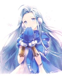 Rule 34 | 10s, 1girl, bloom, blue eyes, blue hair, blue scarf, bracer, deretta, dress, earmuffs, granblue fantasy, long hair, looking at viewer, lyria (granblue fantasy), mittens, own hands together, scarf, simple background, snowflakes, solo, upper body, white background