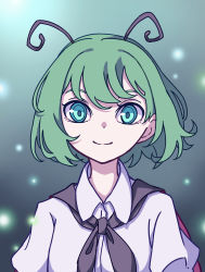 Rule 34 | 1girl, absurdres, antennae, aqua eyes, cape, closed mouth, collared shirt, eyebrows hidden by hair, gradient background, green hair, highres, kame (kamepan44231), light particles, looking at viewer, one-hour drawing challenge, shirt, short hair, smile, solo, touhou, upper body, white shirt, wriggle nightbug