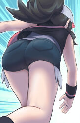 Rule 34 | 1girl, ass, ass focus, baseball cap, black hair, black vest, blue shorts, commentary request, creatures (company), facing away, feet out of frame, from behind, from below, game freak, grey hat, grey shirt, hat, highres, hilda (pokemon), m.m, nintendo, pokemon, pokemon bw, ponytail, shirt, short shorts, shorts, solo, sweatband, vest, wristband