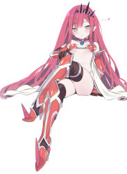 Rule 34 | 1girl, alternate breast size, armor, armored boots, bare shoulders, bikini armor, black thighhighs, blade (galaxist), blush, boots, breasts, cape, cosplay, crossed legs, elizabeth bathory (brave) (fate), elizabeth bathory (brave) (fate) (cosplay), elizabeth bathory (fate), baobhan sith (fate), fate/grand order, fate (series), grey eyes, long hair, looking at viewer, loose bikini, medium breasts, musical note, navel, pauldrons, pink hair, pointy ears, red armor, shoulder armor, sidelocks, silver trim, sitting, solo, thighhighs, tiara, vambraces, white cape