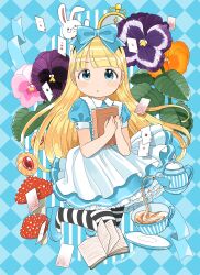 Rule 34 | 1girl, absurdres, alice (alice in wonderland), alice in wonderland, analog clock, apron, black socks, blonde hair, blue background, blue eyes, blue footwear, blue ribbon, blunt bangs, book, card, checkered background, clock, commentary, cookie, cup, dot nose, floating hair, flower, fly agaric, food, full body, hair ribbon, highres, holding, holding book, knees together feet apart, light blue dress, light blush, long hair, looking at viewer, mushroom, nagomurasan, open book, pansy, parted lips, petticoat, playing card, ribbon, signature, socks, solo, striped clothes, striped socks, tareme, tea, teacup, very long hair, white apron, white rabbit (alice in wonderland), white socks