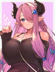 Rule 34 | 1girl, bad id, bad pixiv id, bare shoulders, between breasts, black sweater, blue eyes, blush, braid, breasts, cleavage, collarbone, commentary request, draph, granblue fantasy, hair ornament, hair over one eye, highres, horns, koretsuki azuma, large breasts, lips, long hair, long sleeves, looking at viewer, narmaya (granblue fantasy), off-shoulder sweater, off shoulder, pointy ears, purple background, purple hair, ribbed sweater, simple background, single braid, smile, solo, strap between breasts, sweater, upper body, very long hair